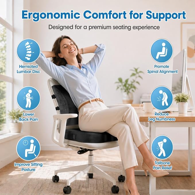 CloudBliss Lumbar Support Pillow & Seat Cushion Set for Office Chair, Desk Chair, Wheelchair & Car–Memory Foam Back Support, Ergonomic Chair Cushions,Sciatica Pain Relief,Home Essentials(Grey,XL)