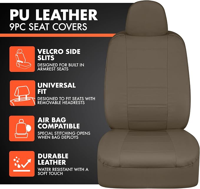 BDK 9-Piece Beige Leather Car Seat Cover Full Set, Front Seat Cover and Rear Bench Seat Cover, Universal Fit Car Seat Covers for Cars Trucks SUVs Vans, Complete Full Coverage Protection For Vehicles