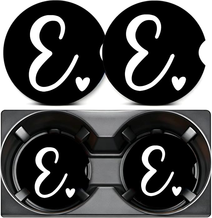 2PCS Letter E Car Cup Holder Coasters,Simple Initial Car Coasters Cars Accessories Interior Decor Universal Neoprene 2.75" Anti-Slip Rubber Mat with Finger Slot,Monogram Gifts for Women, Men, Driver
