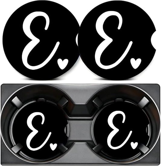 2PCS Letter E Car Cup Holder Coasters,Simple Initial Car Coasters Cars Accessories Interior Decor Universal Neoprene 2.75" Anti-Slip Rubber Mat with Finger Slot,Monogram Gifts for Women, Men, Driver
