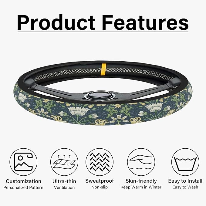 Green Flowers Plants Steering Wheel Cover, Cute Print Steering Wheel Cover Protector, Personalized Pattern Design, Car Accessories for Women, for Steering Wheel with a Diameter of 14.5"-15"