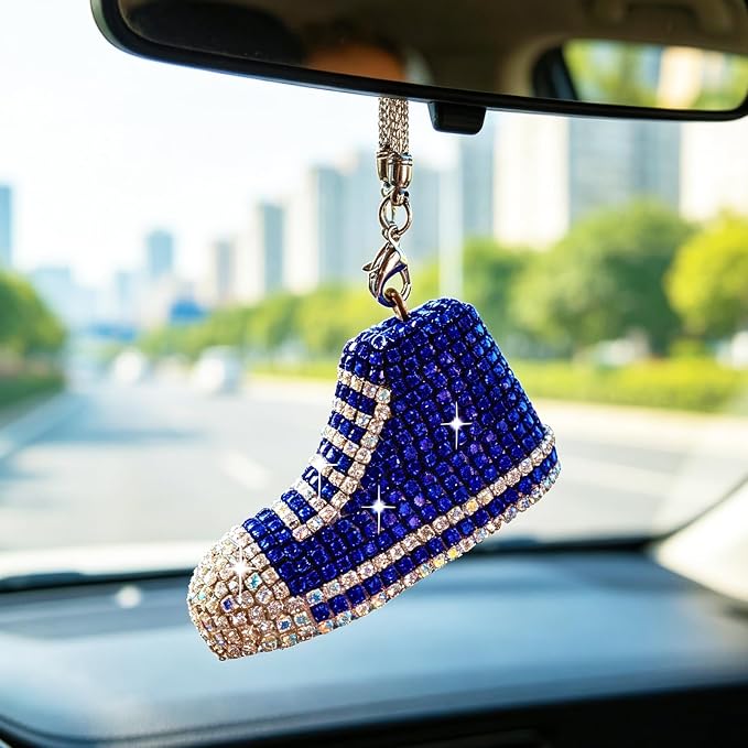 Bling Sneaker Shoe Sparkly Car Hanging Ornament, Cute Crystal Rear View Mirror Pendant, Diamond Rearview Mirror Charms, Lucky Car Interior Decor Accessories (Blue)