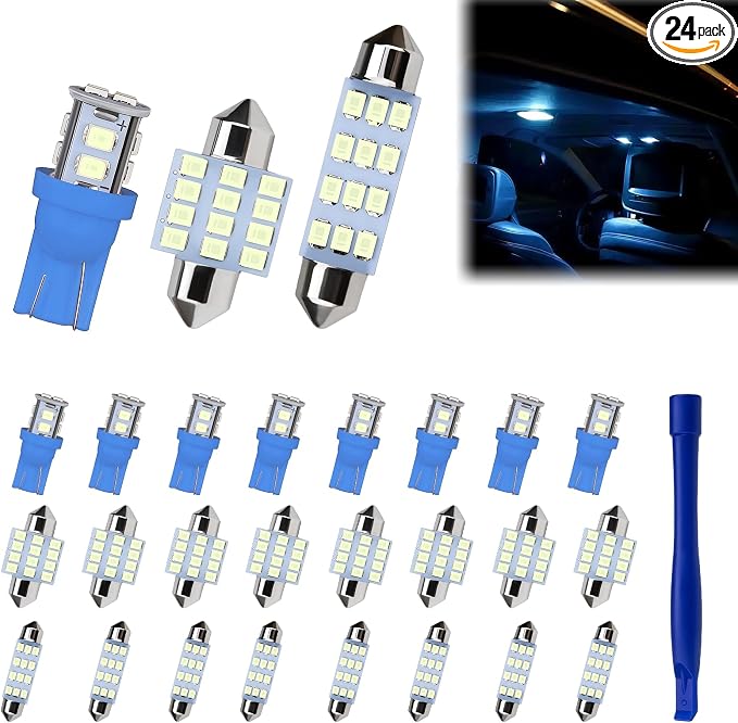 24 PCS Car Interior LED Lights Kit 194 T10 DE3175 578 31mm 41mm LED Bulbs Interior Replacement Bulbs for Car Map License Plate Door Side Marker Dome Light (Ice Blue)