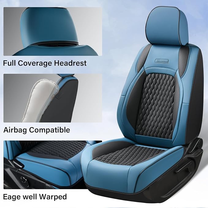 Coverado Chevy Chevrolet Silverado GMC Sierra Seat Covers Full Set, Custom Fit for 2014-2018 1500, 2015-2019 2500HD 3500HD Crew Double Extended Cab Truck, Faux Waterproof Leather Seat Covers (Blue)
