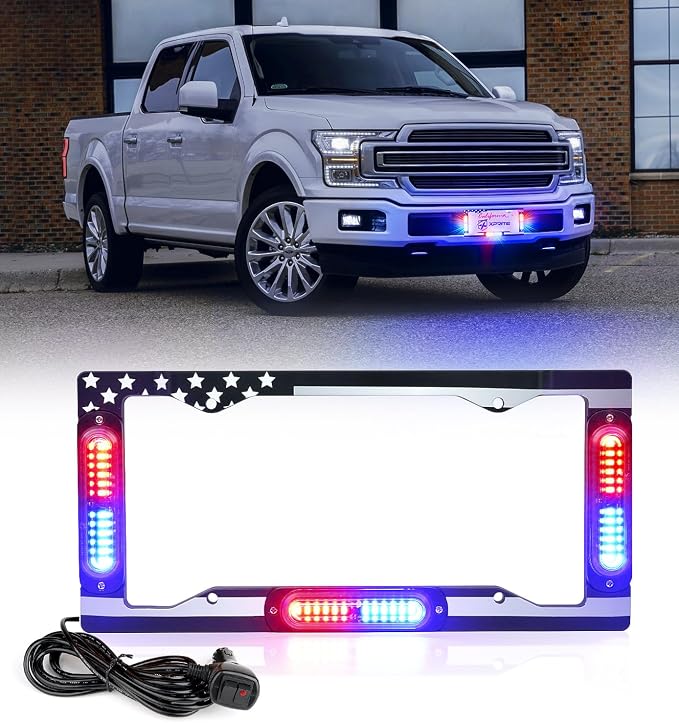 Xprite 36 LED License Plate Strobe Light, US Flag Front/Rear Utility Lights, 22 Modes Caution Frame for Construction Towing Snow Plow Pickup Work Trucks Cars - Multi Color (w/Pre-Installed 9FT Cable)