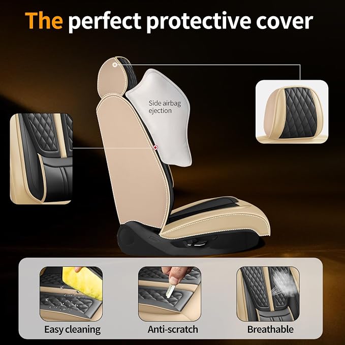 Fit Sentra Car Seat Covers Compatible with Nissan Sentra 2008-2024 2025 2026.Full Coverage Waterproof Leather,Compatible with Airbag,All - Weather Seat Cushion Protector(2 Front,Beige)