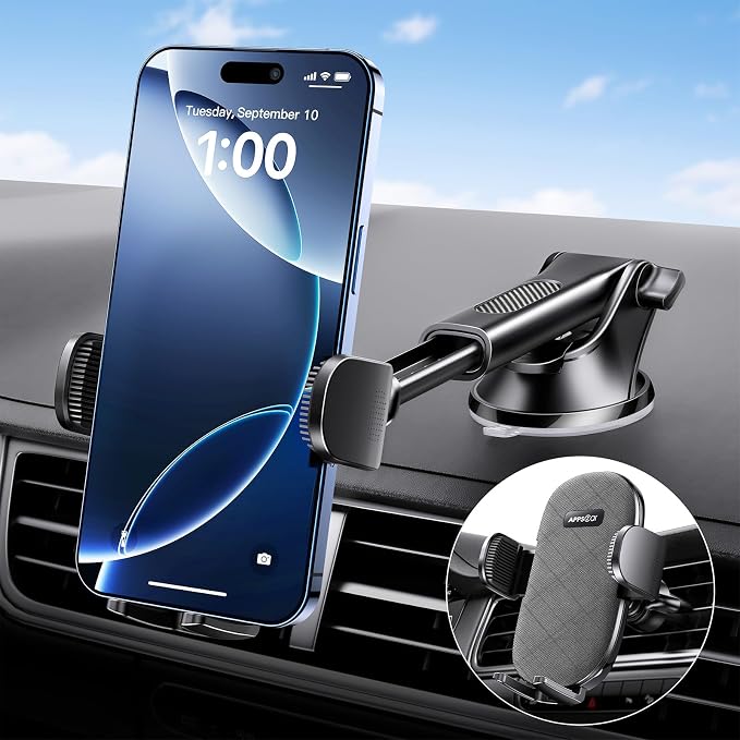 APPS2Car Car Phone Holder Mount, Strong Suction Dashboard & Windshield Phone Holder for Car, Hands-Free, Compatible with iPhone Samsung All Phones, Ideal for Delivery & Uber Drivers, Fleet Vehicles