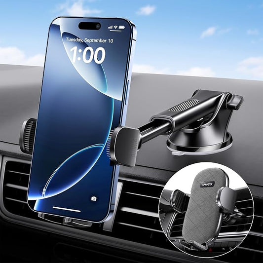 APPS2Car Car Phone Holder Mount, Strong Suction Dashboard & Windshield Phone Holder for Car, Hands-Free, Compatible with iPhone Samsung All Phones, Ideal for Delivery & Uber Drivers, Fleet Vehicles