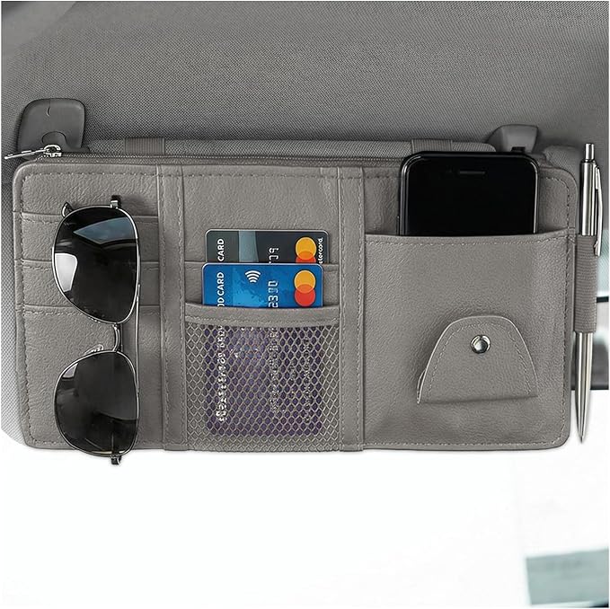 Car Sun Visor Organizer, Multifunctional Auto Visor Storage Bag with Net Pocket & Eyeglass Clamp, Waterproof Multi-Pocket Storage Pouch Ticket Organizer for Car Sun Visors (Gray)