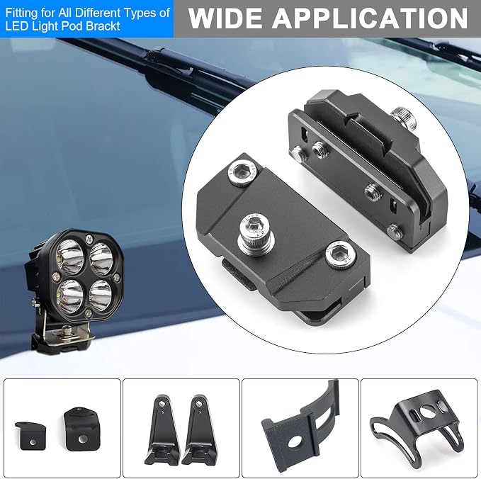 2PCS Universal Hood Light Mounting Brackets Ditch Light Brackets Adjustable Aluminum Alloy Pillar Hood Led Work Light pods Mount Bracket for Truck SUV Cars, No Drilling
