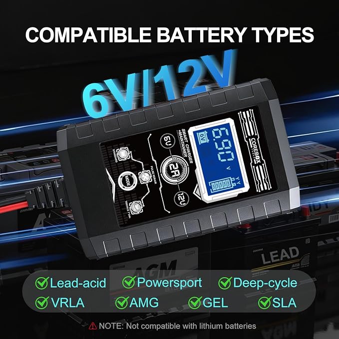 COREBOX Battery Charger 2-Amp 6V/12V Smart Trickle Charger for Car - Battery Maintainer Trickle Charger, and Automotive Battery Charger with Temperature Compensation for Car Truck Motorcycle