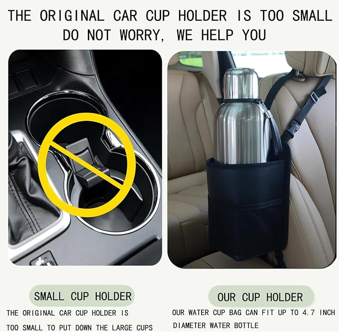 Large Car Cup Holder Expander Water Bottles, Big Drinks Holder Bag(Black) | Fits Large 24/36/40/46oz Water Bottles,- Universal Auto Vehicle for Cars, SUV & Truck RV's golf-carts