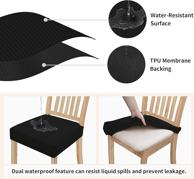 Easy-Going 100% Waterproof Seat Covers for Dining Room Chairs, Stretch Jacquard Chair Seat Slipcovers Removable and Washable Kitchen Dining Chair Covers (Set of 8, Black)