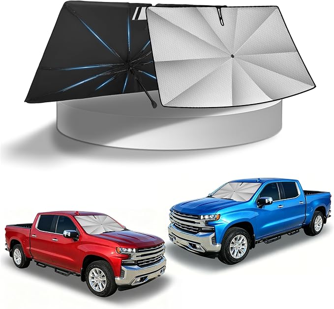 KUST Ice Crystal Sun Shade Umbrella for 2019-2026 Chevrolet Silverado 1500/ GMC Sierra 1500 2500, 2020-2026 Silverado 2500 3500 | Custom Fit Windshield Sunshade with Bendable Handle | Blocks UV Rays