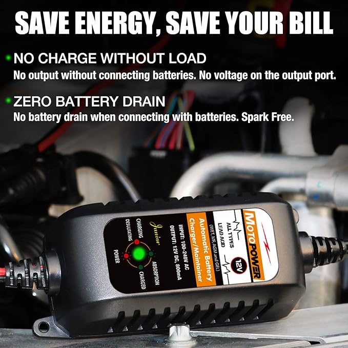 MOTOPOWER MP00205A 12V 800mA Automatic Battery Charger Maintainer, 2-Pack | Battery Charger, Battery Maintainer, Trickle Charger and Battery Desulfator