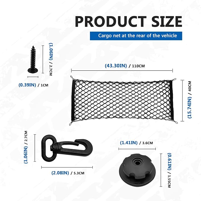 Car Rear Cargo Net Exterior Accessories, Adjustable Elastic Trunk Cargo Storage Organizer Net, Nylon Mesh Double-Layer with Hooks Compatible with Car, Trucks, SUV (39.4"x 15.7")