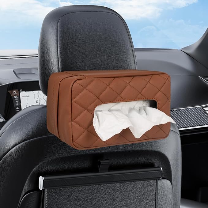 Car Tissue Holder - Standard Pu Leather Napkin Holder for Backseat, Extra Large Organization Fits 120-230 Tissues Per Box, 9.84'' X 4.72'' X 5.91'', Matte Brown