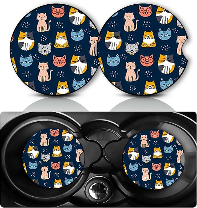 2PCS Cute Cat Car Cup Holder Coasters Universal Anti-Slip Rubber Mat | Cats Auto Accessories Interior Decor,2.75" Car Coasters for Cup Holders with Finger Slot,Cat Gifts for Pet Lovers Women Men