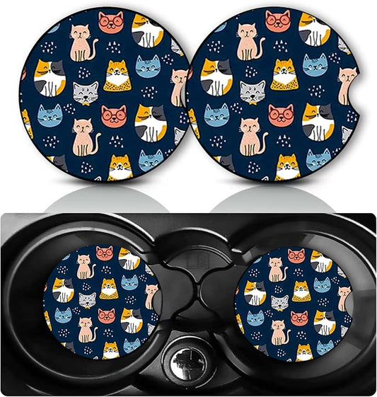 2PCS Cute Cat Car Cup Holder Coasters Universal Anti-Slip Rubber Mat | Cats Auto Accessories Interior Decor,2.75" Car Coasters for Cup Holders with Finger Slot,Cat Gifts for Pet Lovers Women Men