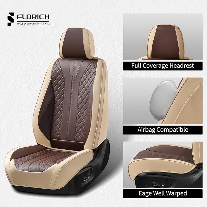 FLORICH Front and Back Seat Covers for Cars Leather Car Seat Cover Full Set 5 Seats Waterproof Seat Protector Automotive Seat Covers Carseat Cover Universal Fit for Most Cars SUV Trucks, Beige&Coffee