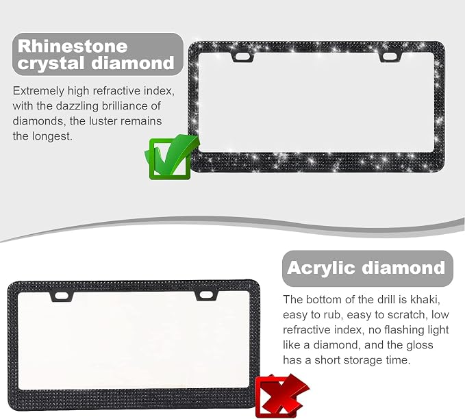 QUANQIUFEI 2 Pack Bling License Plate Frames for Women, Sparkly Rhinestone Diamond Car Accessories with Glitter Crystal Caps (Black)