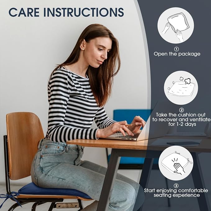 TushGuard Chair Cushions, 4 Pack Memory Foam Chair Pads, Thin Seat Cushion, Kitchen Chair Cushions Set of 4, Anti-Slip Backing & Fixed Straps, 1.4 in Thick, Navy Blue