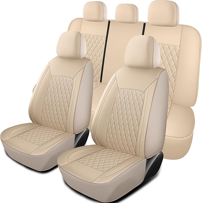 HChengkikz Faux Leather Full Set Car Seat Covers，Front & Split Rear | Bench Seat Protectors, Easy to Install Universal Fit for Sedans, Trucks, Vans, SUVs Automotive Interior Accessories