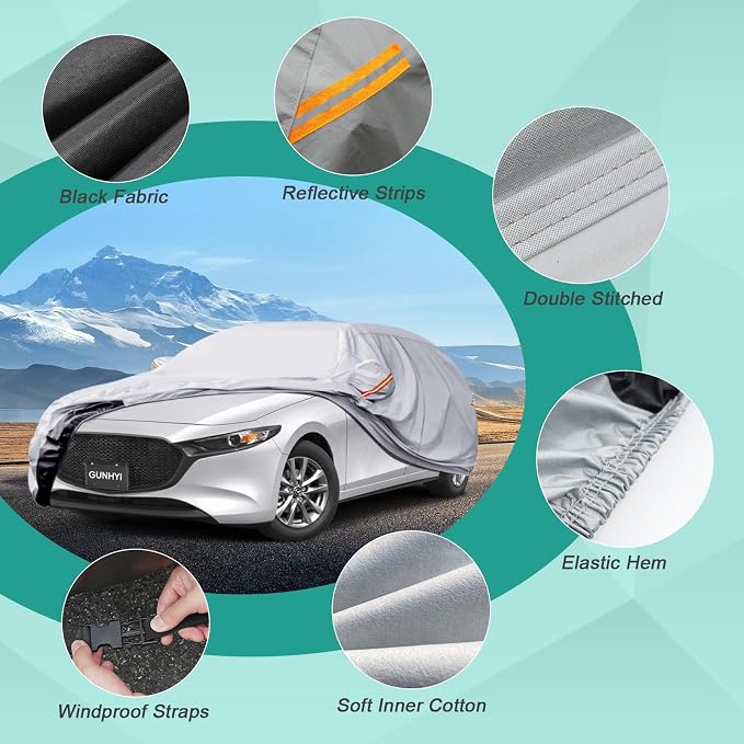 GUNHYI Hatchback Car Cover Waterproof All Weather, 6 Layers Heavy Duty Full Exterior Cover Universal fit vw Golf, Honda Fit, Kia Soul, Toyota Matrix, Nissan Leaf etc. Size H1 (See Size Chart)
