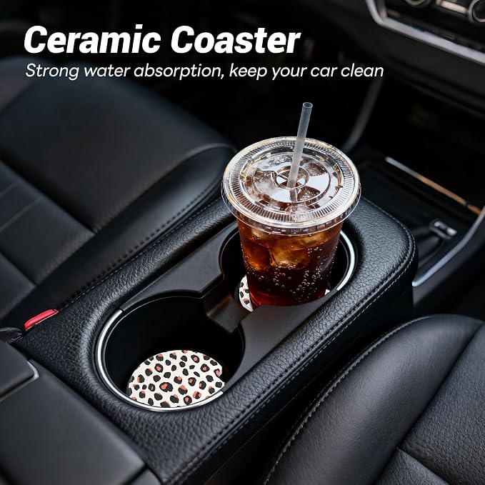 Car Cup Holder Ceramic Coasters 2 Pack, 2.56 in Anti Slip Absorbent Coaster with Cork Base and Finger Notch, Funny Cute Car Accessories Interior for Women, Orange Leopard Print
