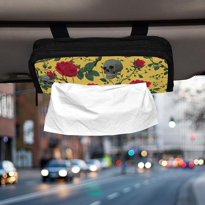 Car Tissue Holder Car Napkin Holder Tissue Box Dispenser Storage Case Sun Visor Mask Holder Accessories with Adjustable Straps Reusable Refillable Yellow Gothic Rose and Skull