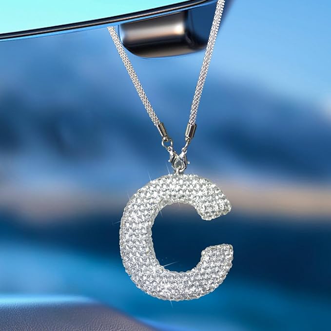 Bling Car Accessories for Women Letter Charm, Rear View Mirror Ornament Cute Hanging Crystal Pendant Girl Car Decorations, Lucky Diamond Rhinestone Girly Charm Interior (White C)