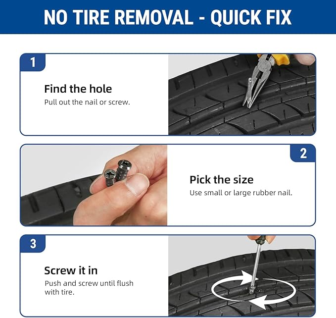 AUTOWN 47PCS Tire Repair Rubber Nail Kit - Complete Set with 3 Sizes, Storage Box & Screwdriver - for Car, Truck, Motorcycle & More