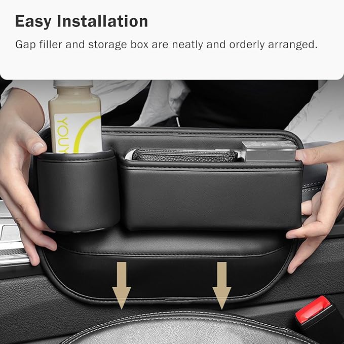 Car Seat Gap Filler Organizer with Cup Holder, Premium PU Leather Interior Accessories for Phone,Sunglasses,Keys, and Small Items, Universal Fit for Car, SUV and Truck,2-Packs Black