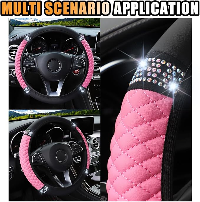 JOYCOURT 15 Inch Bling Soft Leather Car Steering Wheel Cover, Pink | Colorful Rhinestones Design, Auto Elastic Protector for Women Girls, Crystal Diamond Car Accessories for Most Cars, SUVs