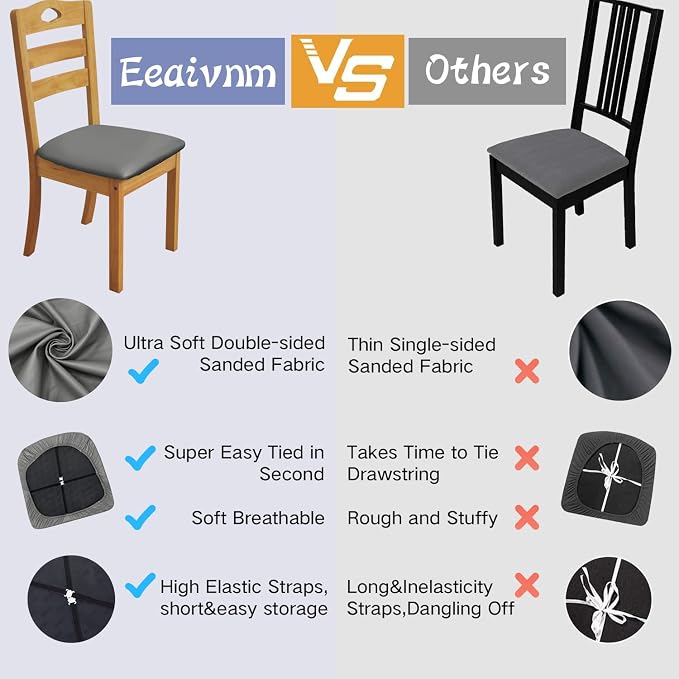 Leather Stretch Chair Seat Covers with Elastic Ties,Waterproof Dining Room PU Leather Chair Cover Seats,Removable Washable Chair Protector Seat Cushion Slipcovers for Home,Kitchen (Gray, 4 PCS)