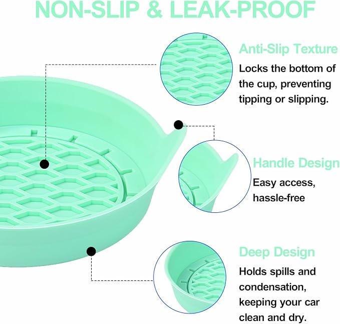 4 Pack Car Cup Holder Coaster, 3.15 Inch Non-Slip Silicone, Green | Cup holder insert, spill proof ,raised lip, honeycomb base, rinse clean, fits most sedans suvs trucks, automotive accessories