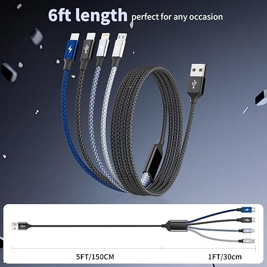 4 in 1 Multi Charging Cable, 2 Pack 6FT Charging Cords for Multiple Devices | USB C Car Charger Cable with Dual USB-C, IP & Micro Ports, Nylon Braided Travel Charging Cord for Multiple Devices