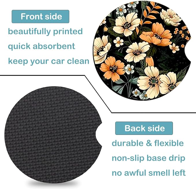 2 Pack Flowers Car Cup Holder Coasters Universal Neoprene Coasters | 2.75" Universal Size Anti Slip Rubber Mat, Auto Cup Holder Decor Accessories for SUV Truck, Flower Gifts for Women Men Mom