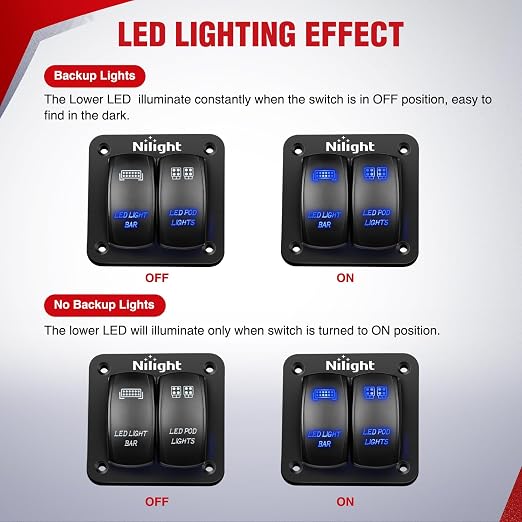 Nilight 16AWG LED Light Bar Wiring Harness Kit 12V On/Off 2 Gang Rocker Switch Panel Power Relay Blade Fuse 5Pin Toggle Switches for Cars Boat ATV Trucks-4 Leads