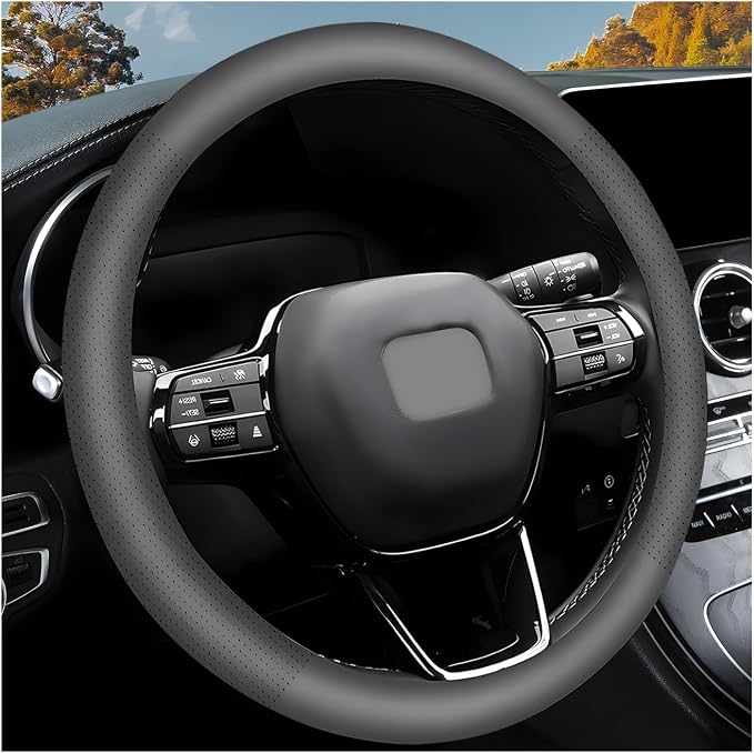 Car Steering Wheel Cover, 15 Inch Breathable Leather Automotive Steering Wheel Protector, Non-Slip Perforated Vehicle Wheels Cover for SUV Truck Van, Interior Car Accessories (Gray)