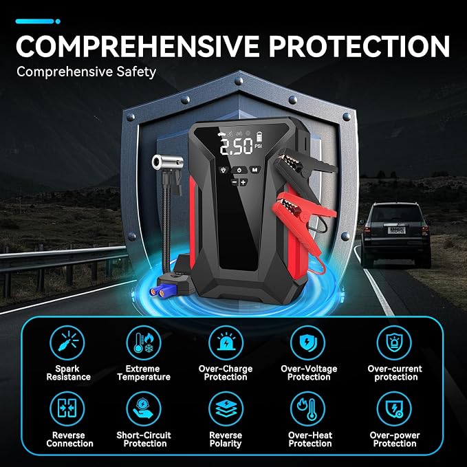 Jump Starter with Air Compressor, 4000A Car Battery Jump Starter for 12V Vehicles, Portable Battery Booster (9.0L Gas/8.0L Diesel), 150 PSI Tire Inflator, LCD Display, USB-C, LED Light (Black)