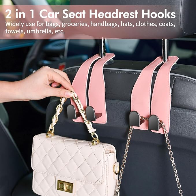 Car Hooks for Headrest, Leather Car Seat Back Storage Organizer Interior Accessories, Auto Seat Hook Hangers for Purse Umbrellas Handbag Clothes Coats Grocery Bags (Pink-1 Pack)