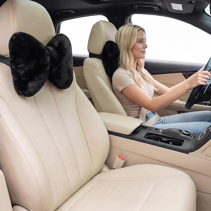 Macarrie 2 Pcs Black Car Neck Pillow Imitation Rabbit Fur Bow Pillow | Soft Comfortable Seat Headrest Support, Cute Bow Car Accessories, Driving Travel Driver Chair Girl Interior Decor, Solid