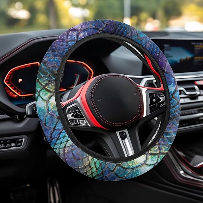 AFPANQZ Auto Steering Wheel Covers Comfort Anti-Slip Safety Stretch-on 14-15 inch, Colorful Snake Skin Easy Fix Machine Washable Steering Wheel Protection