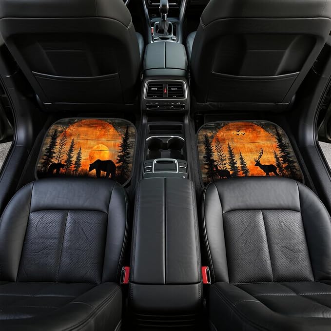 Bear Car Floor Mats Set of 4 Sunset Forest Pine Tree Wildlife Rustic Deer Automotive Foot Mats Rugs Carpet for Car Non-Slip Auto Car Accessories Universal Fit for Car SUV Truck Van