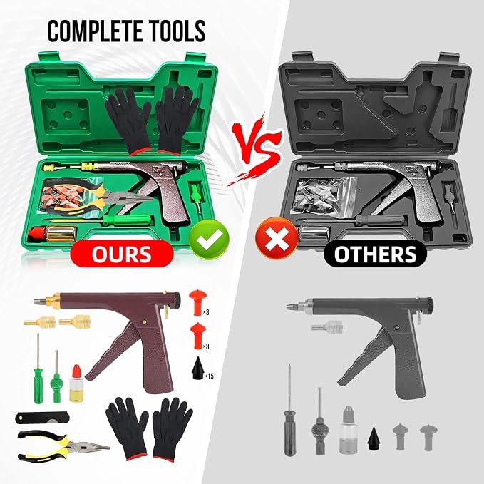Tire Gun Plug Repair Kit Tire Gun Repair Kit Tire Plug Kit Heavy Duty Professional Car Tire Repair Kit with Plugs Tire Patch Kit Tire Puncture Repair Kit Tire Plug Repair Kit (Brown)