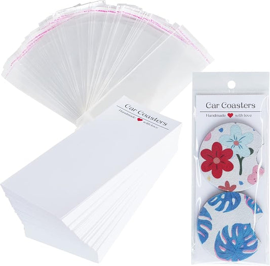 100PCS Car Coaster Packaging for Selling, Sublimation Blanks Car Coasters Cards with Bags, Sublimation Car Coasters Display Cards 6.8x2.85In, Heat Press Machines Accessories