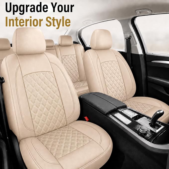 HChengkikz Car Seat Cover, Waterproof Nappa Leather (Beige) | Breathable, Airbag compatible, Easy to Install, Universal Fit for Most Cars, Sedans, SUVs, Vans, Trucks