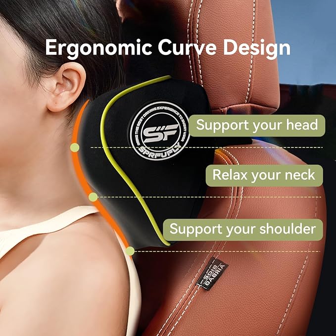 Really Chic Car Headrest Pillow, 2 Pack Car Pillow with Adjustable Strap | 100% Memory Foam Neck Pillow, Ergonomic Design -Car Neck Pillow for Driving(Includes 2 Eye Masks, Yellow Side Rope)