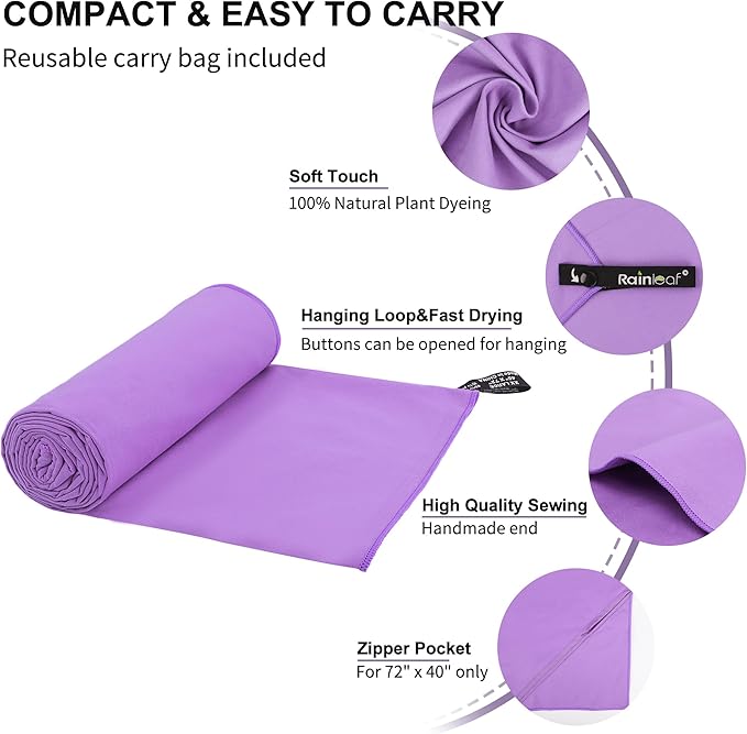 Rainleaf Microfiber Towel Quick Dry Camping & Travel & Gym Towel. Compact | Super Absorbent, Lightweight, Fast Drying. Suitable for Beach, Bath, Backpacking, Hiking, Swim.